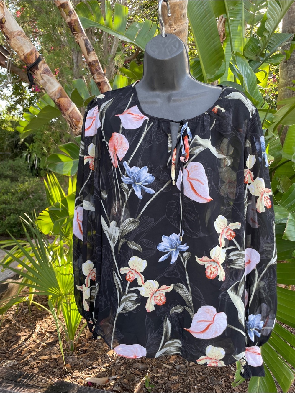 WHBM sheer, dark floral peasant blouse